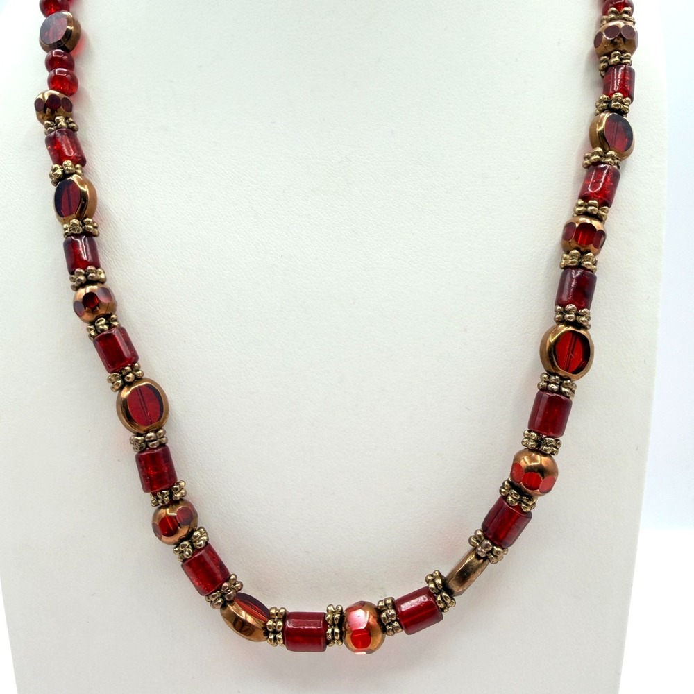 Vintage Gold Tone Red Bead Chunky Necklace Retro Boho Glass Strand